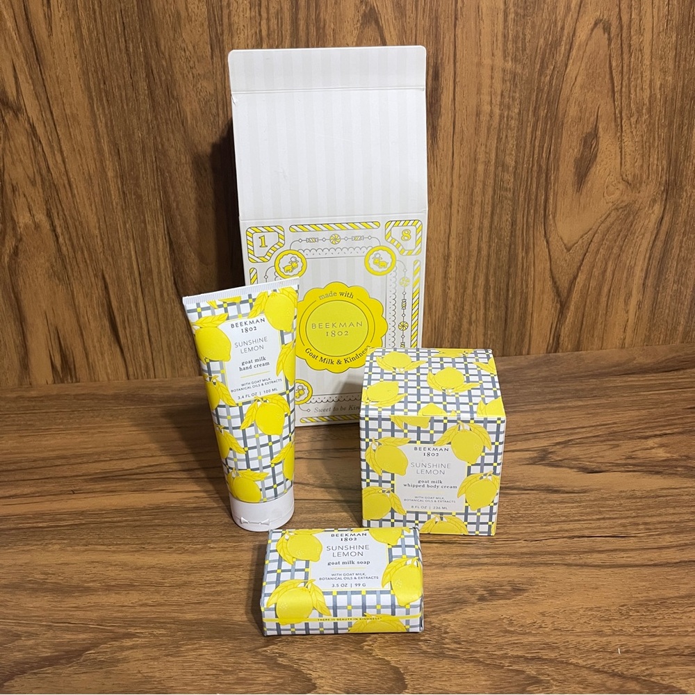 Beekman 1802 Sunshine Lemon Goat Milk gift set -soap, hand cream, body cream NEW